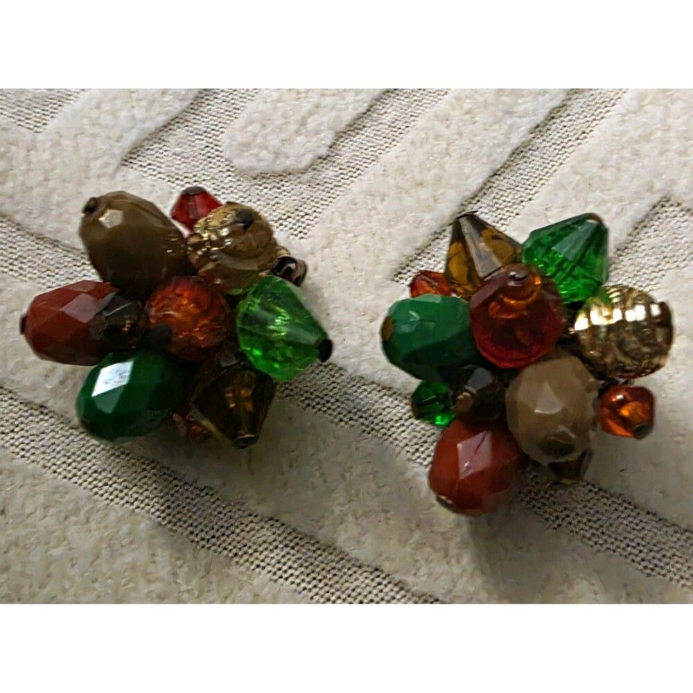 Vntg Signed West Germany Glass Bead Cluster ClipOn Earrings Multicolor